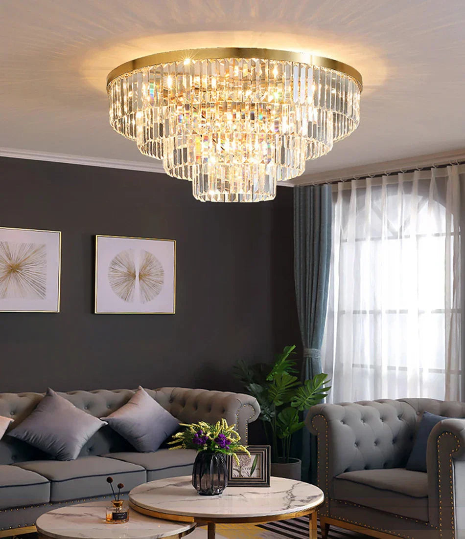 مصباح سقف كريستالي ذهبي LED من DecorBites™ لغرفة المعيشة العصرية، ديكور منزلي فاخر