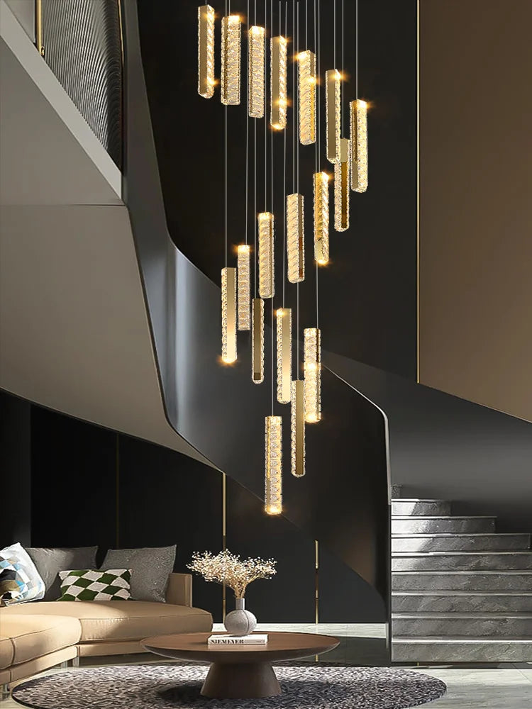 ثريا كريستالية كبيرة مطلية بالكروم من DecorBites™ للسلم الحلزوني الحديث