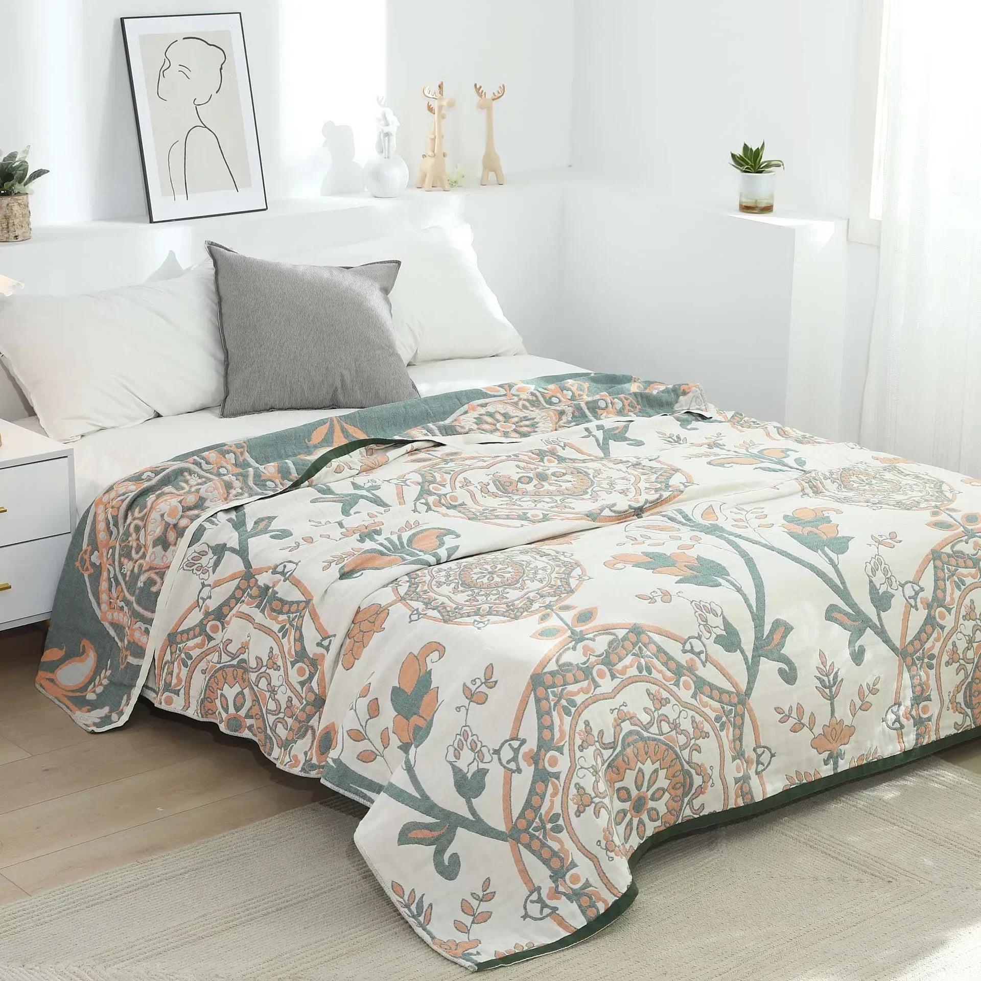 DecorBites™ 100% Cotton Gauze Summer Blanket - Soft Floral Throws for Sofa and Bed