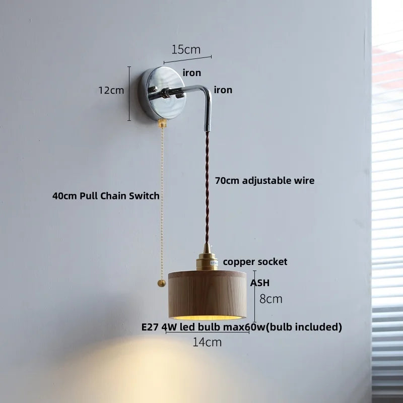 DecorBites™ Ash Wood LED Wall Light with Pull Chain Switch, Japanese Style Bedside Lamp