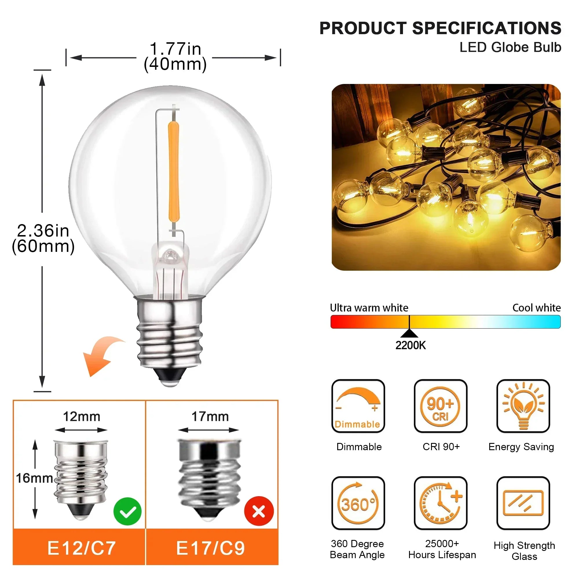 DecorBites™ 25PCS G40 LED String Lights Bulb E12 Screw Warm White 2200K Amber Glass