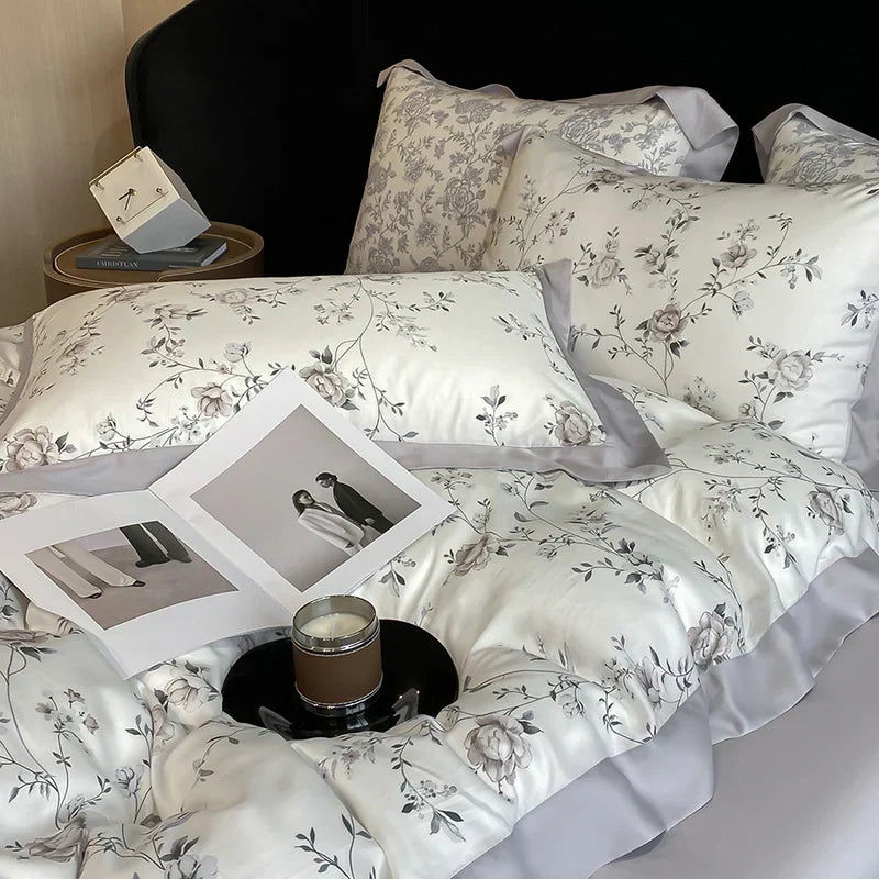 DecorBites™ Eucalyptus Fiber Flowers Bedding Set: Duvet Cover, Bed Sheet, Pillowcase - 4Pcs