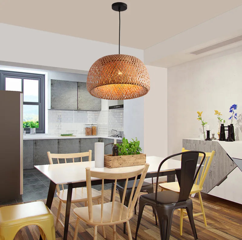 Handwoven Bamboo Wicker Pendant Light in Beige