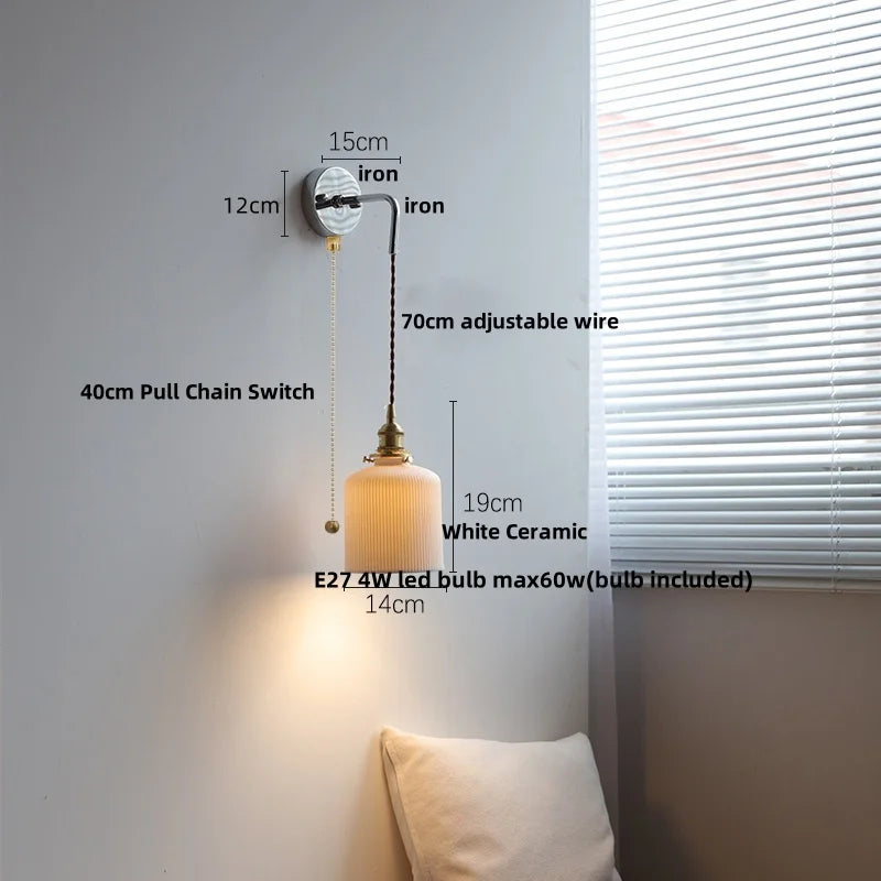 DecorBites™ Ceramic Canopy LED Wall Lamp, Adjustable Wire, Pull Chain Switch