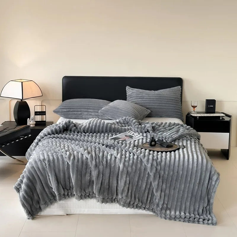 DecorBites™ Cozy Coral Fleece Striped Solid Blanket for Winter Sofa Cover Queen King Sizes