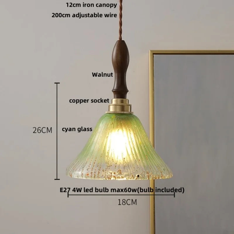 DecorBites™ LED Wood Walnut & Green Glass Pendant Light - Nordic Modern Style