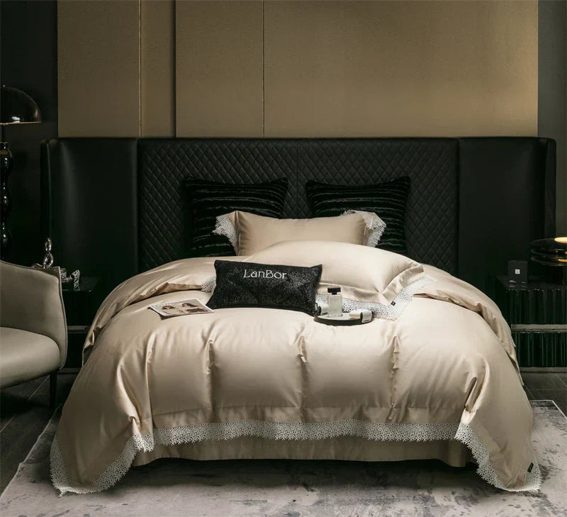 DecorBites™ French Lace Edge Bedding Set, 1000TC Egyptian Cotton, Queen King, Duvet, Sheet, Pillowcases