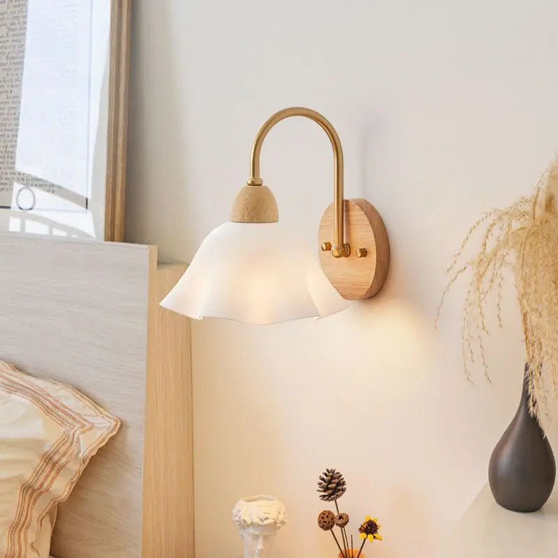 DecorBites™ Cream LED Wooden Flower Wall Lamp, Modern Bedroom Bedside Reading Light