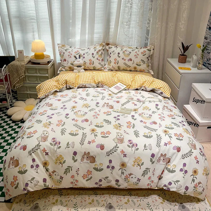 DecorBites™ Flowers Print Cotton King Size Bedding Set, Soft & Comfortable Duvet Cover Set