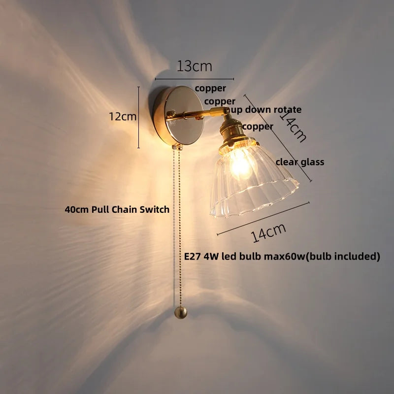 DecorBites™ Glass Bedside Sconce: Modern Nordic LED Wall Light with Pull Chain Switch