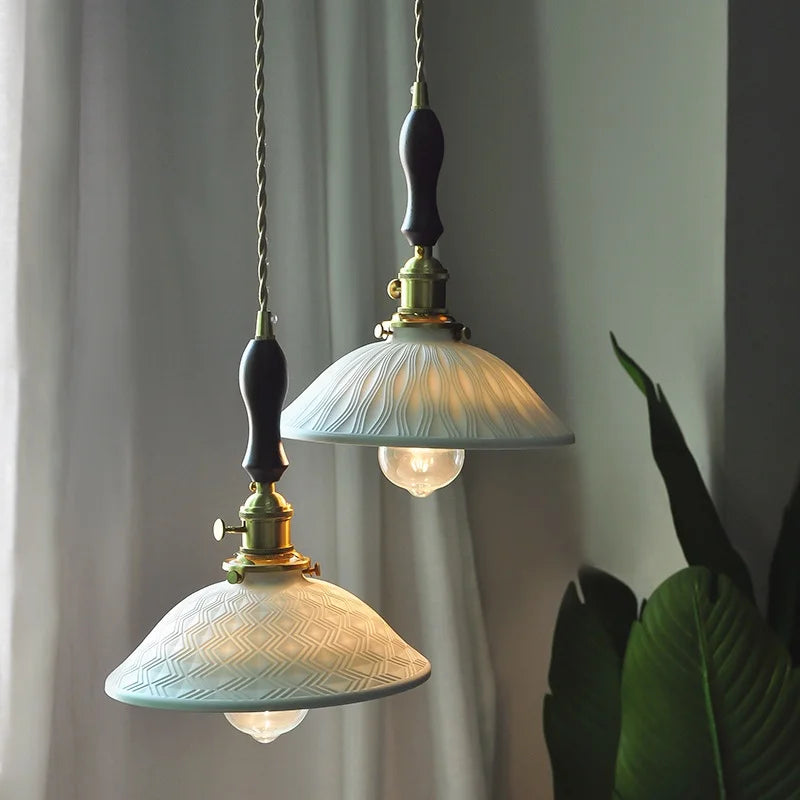 DecorBites™ Copper Ceramic LED Pendant Lights Walnut Wood Hang Lamp