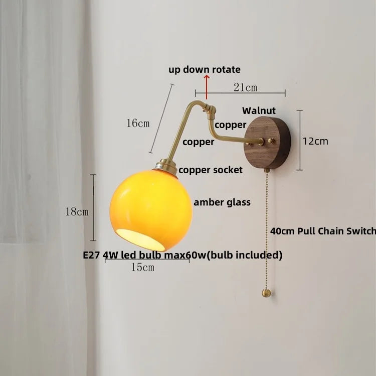 DecorBites™ LED Wall Lights Up Down Rotate Pull Chain Switch Bedside Lamp Glass Canopy Fixtures