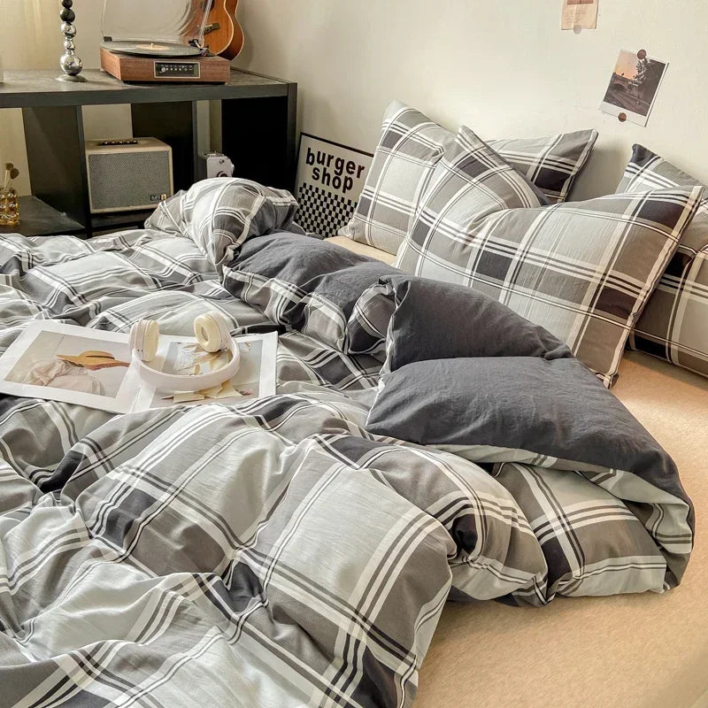 طقم غطاء لحاف بنمط ياباني كاروهات من DecorBites™ - غطاء لحاف ومخدة مغسولان وناعمين