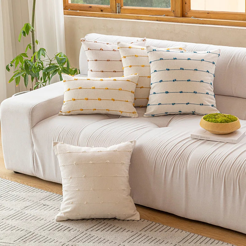 DecorBites™ Cotton Stripe Jacquard Cushion Cover Set: Blue Yellow Grey Pink Beige Black