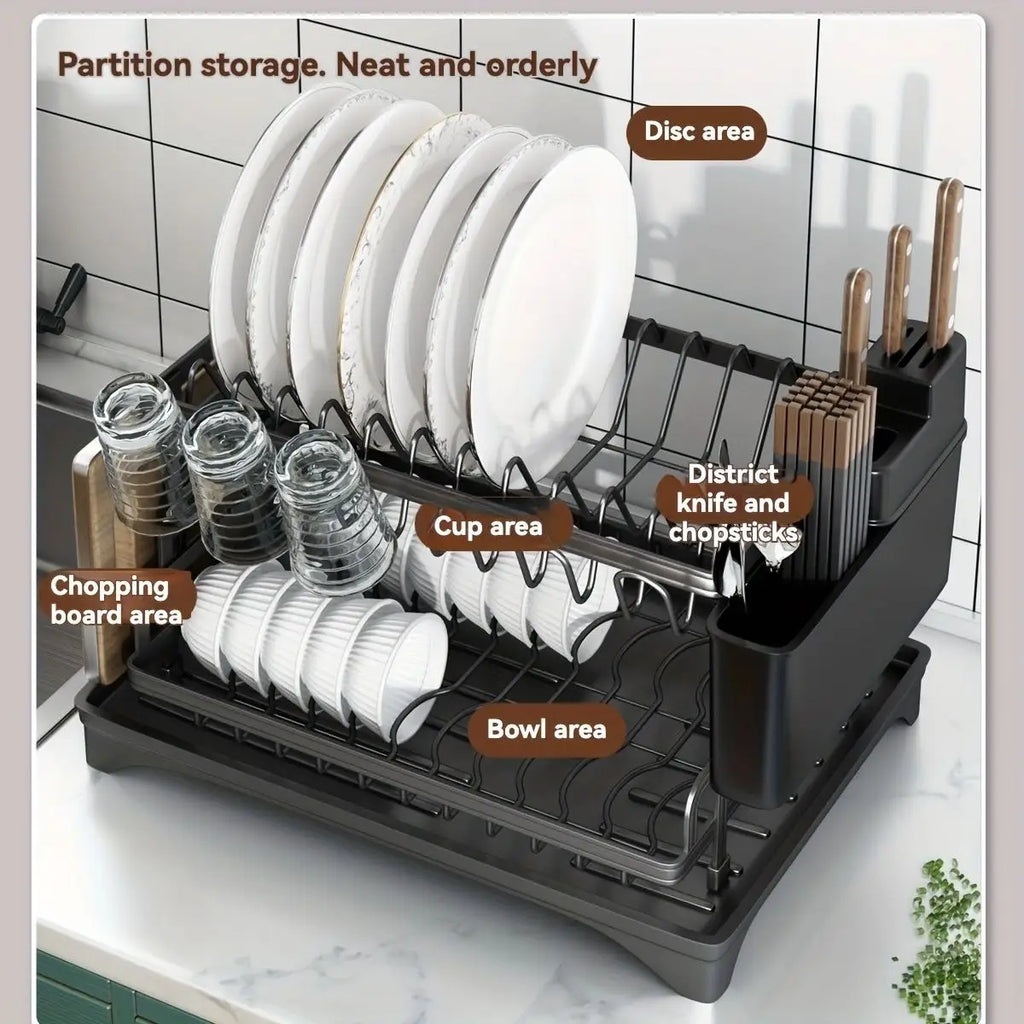DecorBites™ 2 Tier Dish Drying Rack with Storage Holder & Drainer for Kitchen Organizing