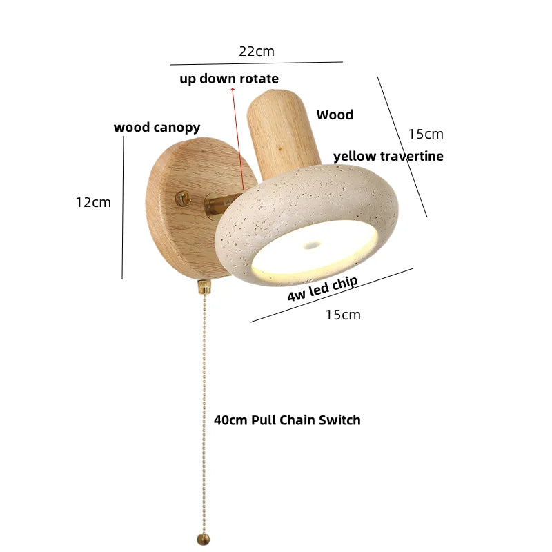 DecorBites™ LED Wall Light Fixture Up Down Rotate Pull Chain Switch Yellow Travertine Wood