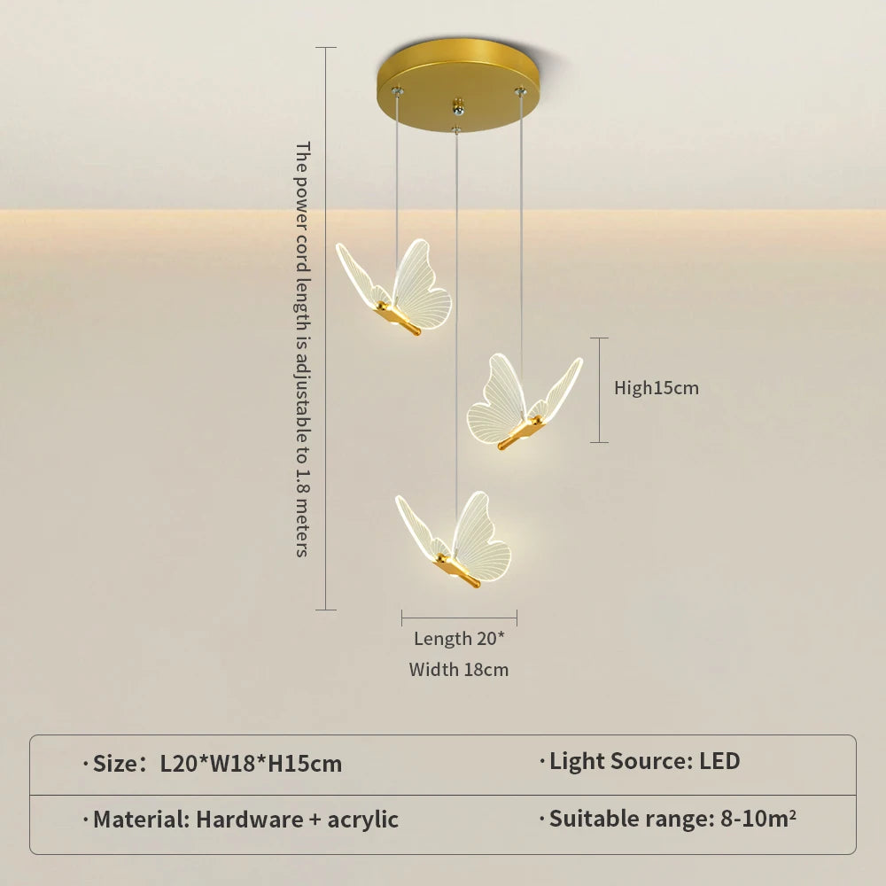 Modern Gold Butterfly 3-Light Metal Pendant Light