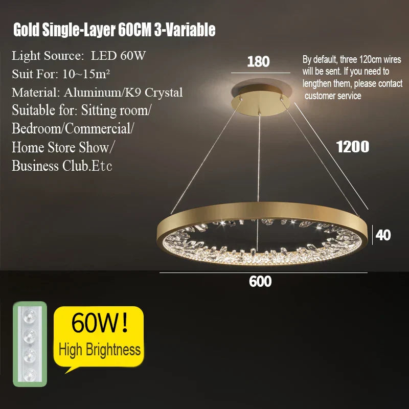 DecorBites™ Crystal Led Chandelier: Modern Luxury K9 Ring Dimmable Circle Hanging Lamp - Bedroom Living Dining Room Lighting