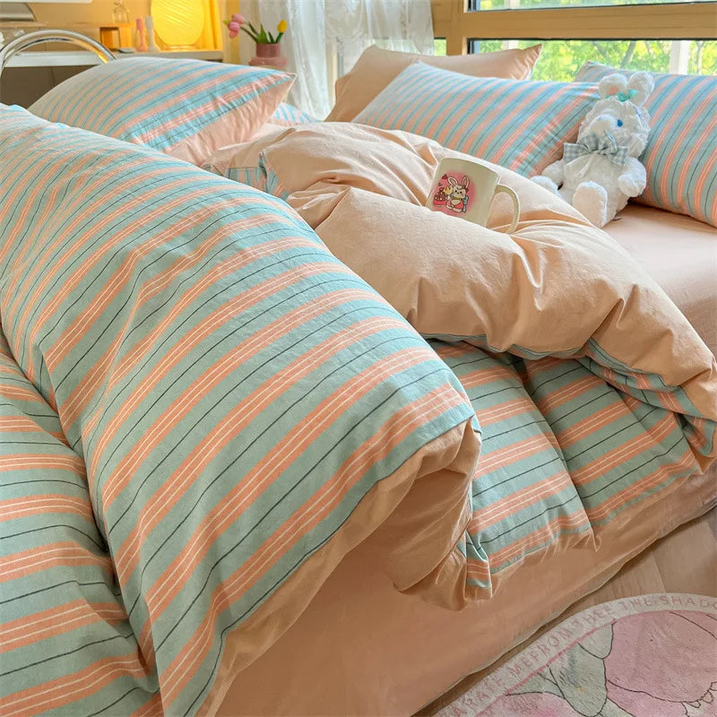 DecorBites™ Cotton Striped Bedding Set Yarn Dyed Washed Duvet Cover Single Bedclothes