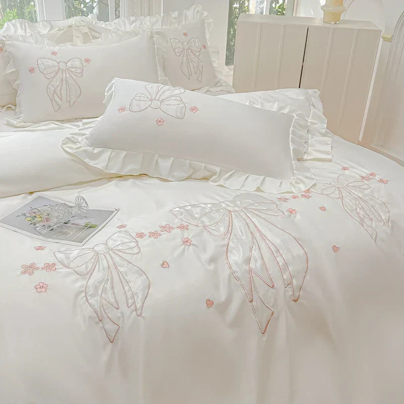 DecorBites™ Ice Silk Embroidered Ruffles Duvet Set with Cool & Skin-Friendly Feel