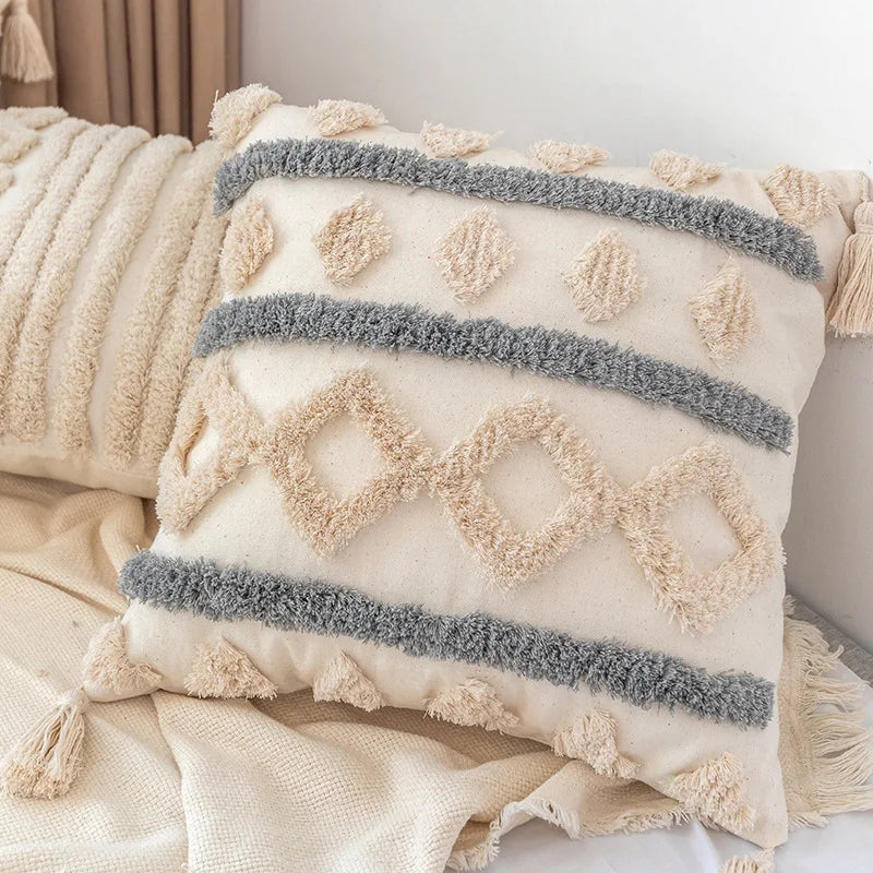 DecorBites™ Geometric Tufted Tassel Pillow Cover - Handcrafted Boho Chic Cushion Cover