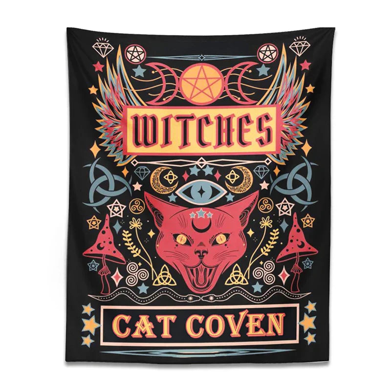 DecorBites™ Cat Witchcraft Tapestry: Sun Moon Tarot Mushroom Divination for Home Decor