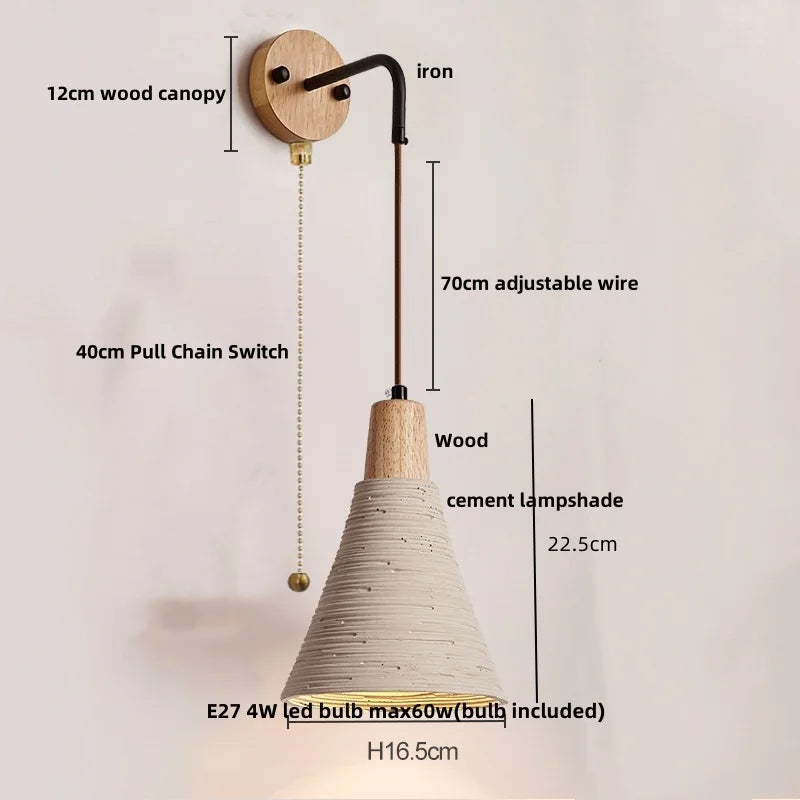 DecorBites™ LED Wall Light Fixture Cement Wood Base Bedside Lamp
