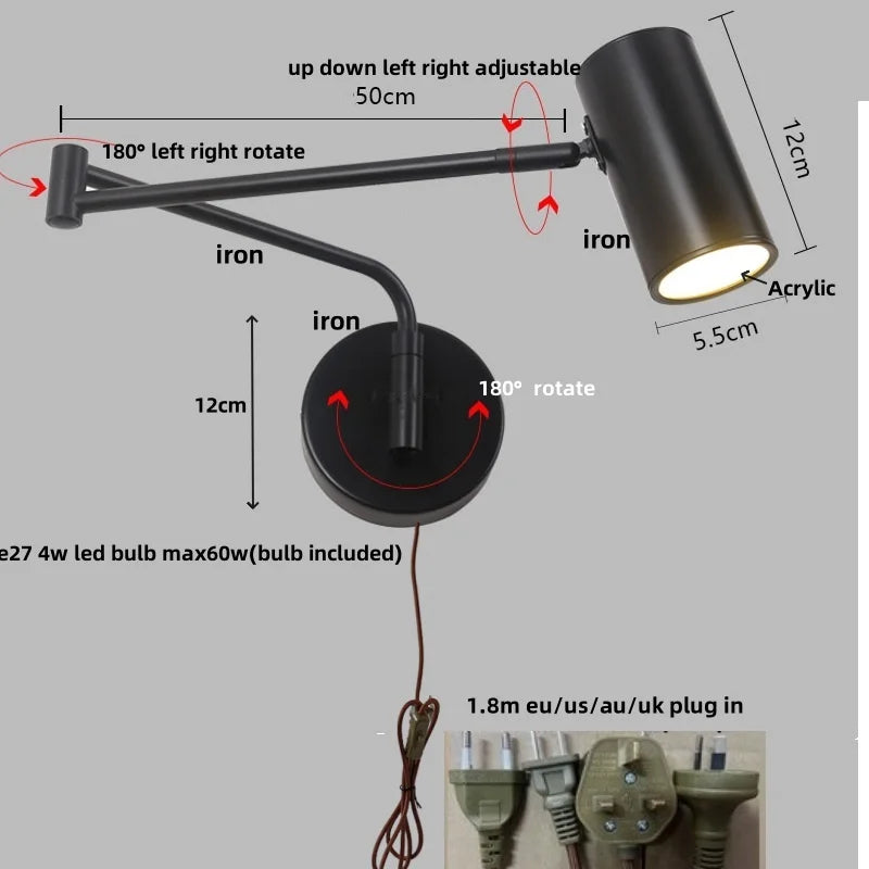 DecorBites™ مصباح حائط LED أكريليك حديد حديث قابل للدوران باللون الأسود إضاءة سلم