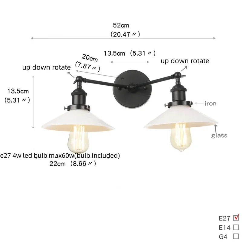 DecorBites™ Industrial LED Wall Light Fixture with Pull Chain Switch, 2 Heads Bedside Lamp