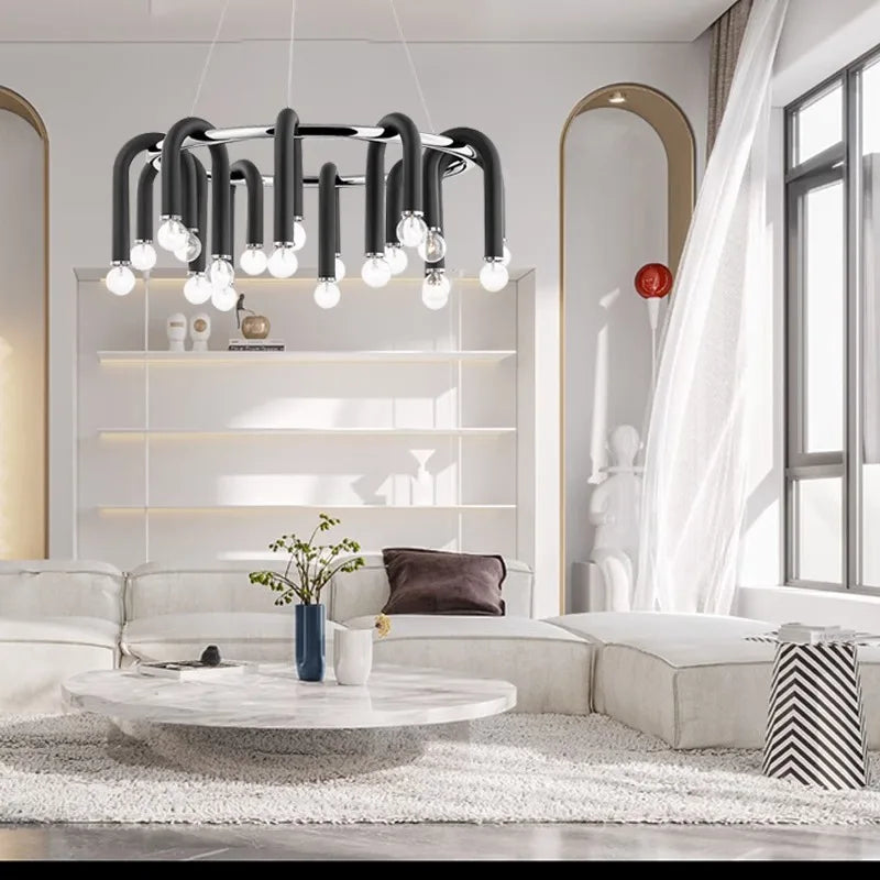 نجفة DecorBites™ أنبوبية سوداء من الألومنيوم على شكل حرف U LED قابلة للتعتيم للأسقف العالية