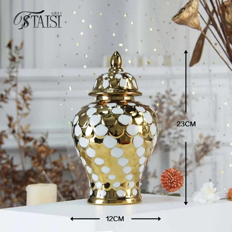 DecorBites™ Geometric Golden Porcelain Jar - Home Decor Vase & Storage Tank