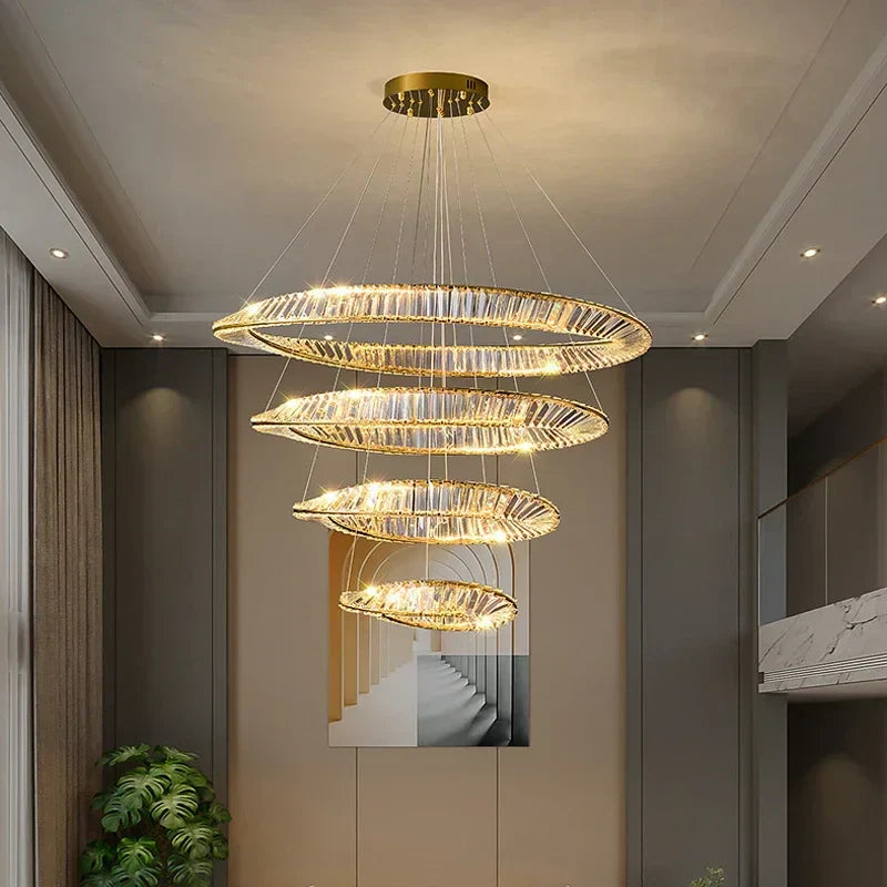 ثريا قلادة كريستال ذهبية بتقنية LED من DecorBites™ لإنارة غرف المعيشة والطعام الفاخرة والديكور