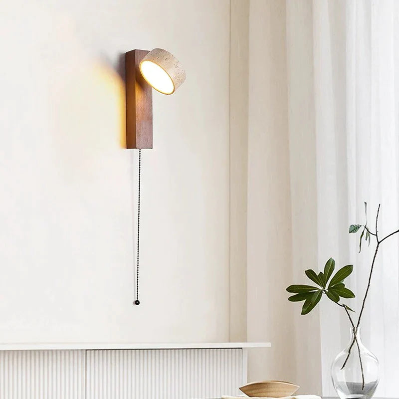 DecorBites™ Cream Style Bedside Wall Lamp Rotatable LED Light Log Wood Stone Walnut