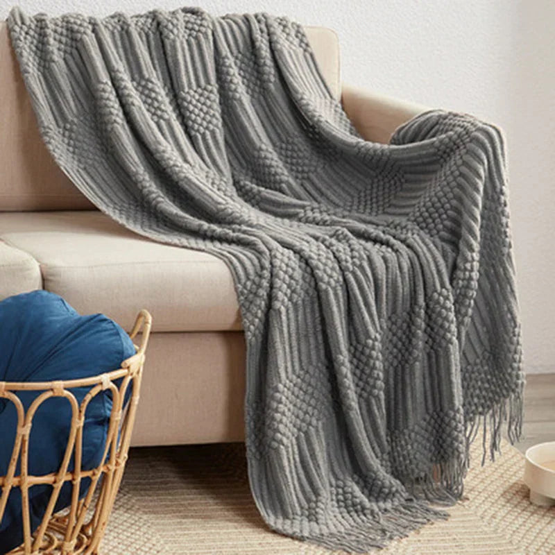 DecorBites™ 3D Knitted Tassel Blanket: Stylish Home Decor Throw for Sofa & Bed