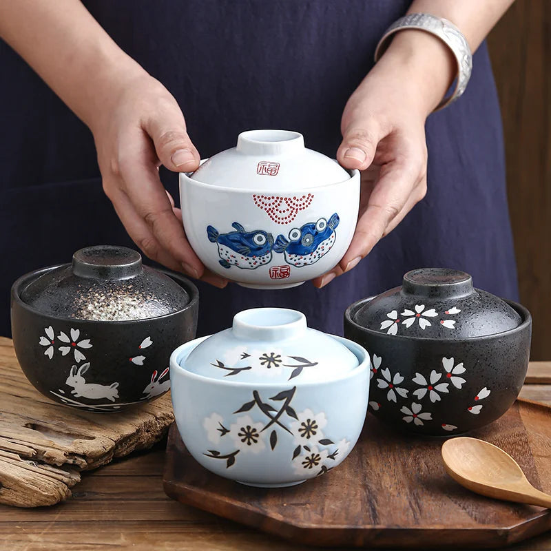 DecorBites™ 4.25" Ceramic Stew Pot Bowl with Lid - Multipurpose Steam Egg Soup Bowl - Small Steaming Cup for Slow Cooking - Home & Restaurant Tableware