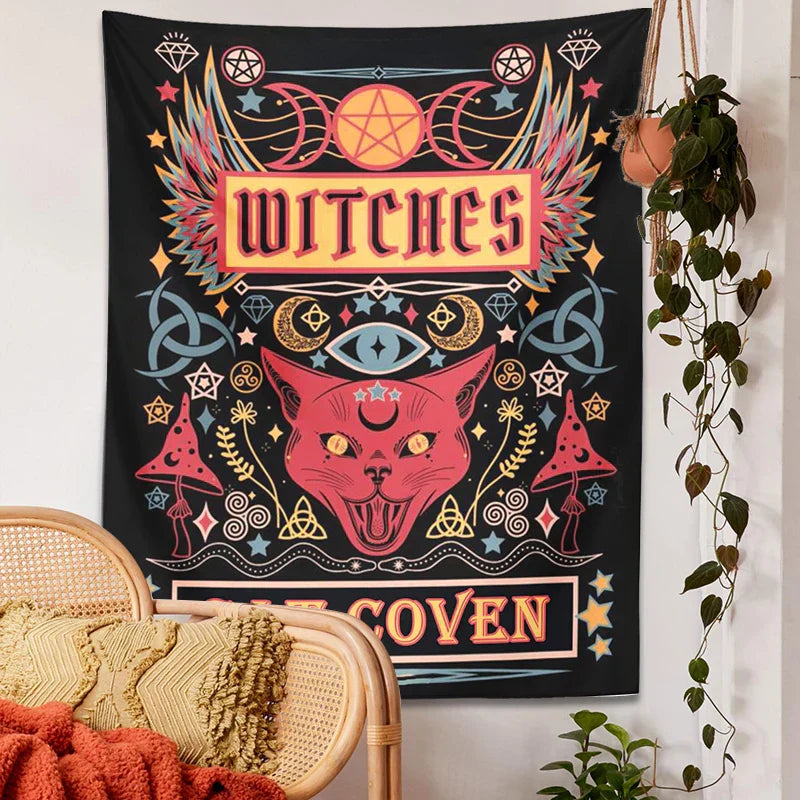 DecorBites™ Cat Witchcraft Tapestry: Sun Moon Tarot Mushroom Divination for Home Decor