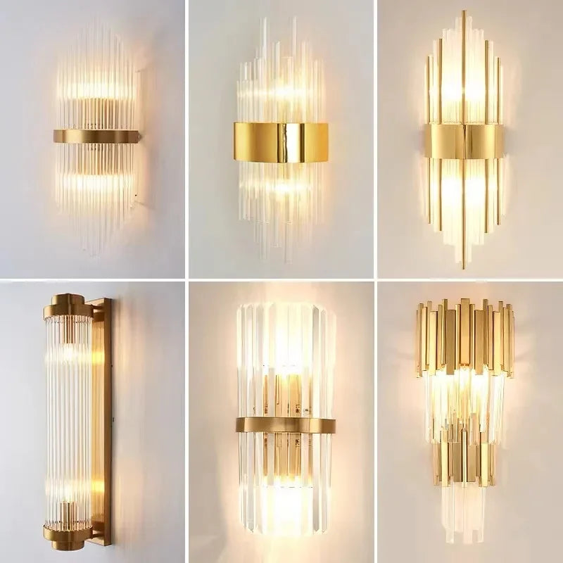 DecorBites™ مصباح حائط زجاجي كريستالي ذهبي لديكور غرف النوم الفاخرة