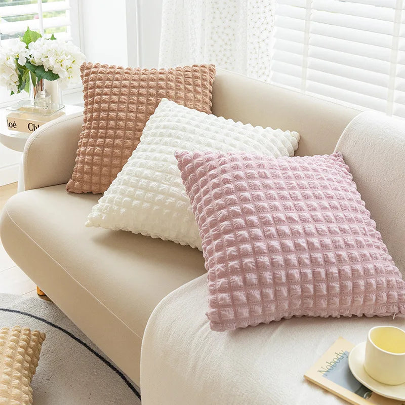 DecorBites™ Cream Style Elastic Puff Plaid Cushion Cover 45*45CM Home Decor