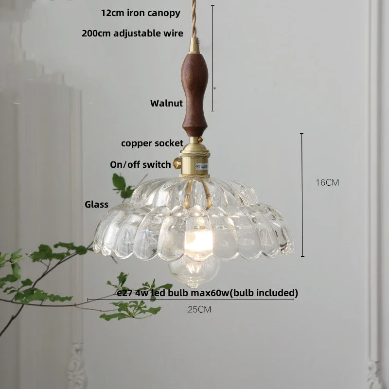 DecorBites™ Amber Glass Walnut Wood LED Pendant Lamp with Copper Knob Switch