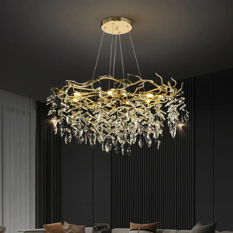 DecorBites™ Golden Branch Ceiling Crystal Chandelier for Bedroom Living Room Lighting