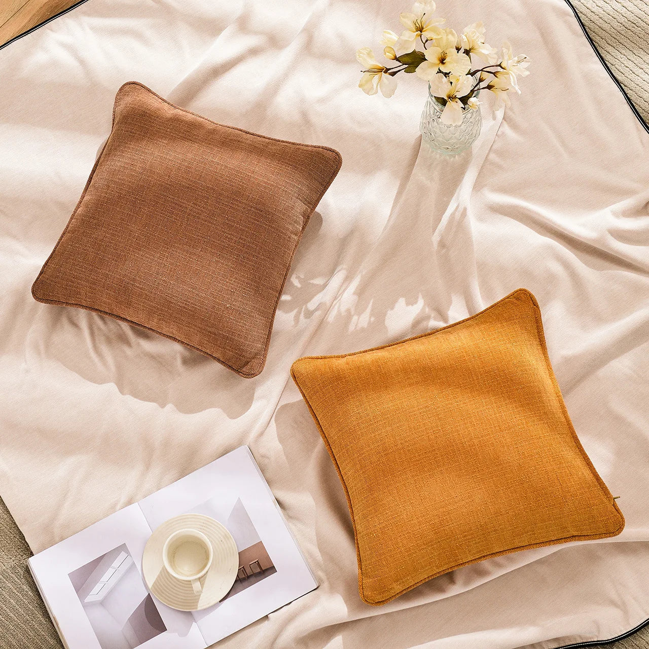 DecorBites™ Cotton Linen Peach Orange Grey Ivory Pillow Cover for Living Room Eco-friendly