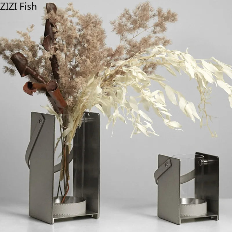DecorBites™ مزهرية زجاجية جلدية، أصيص نباتات، زهور صناعية، ديكور غرف بنقوش زهرية