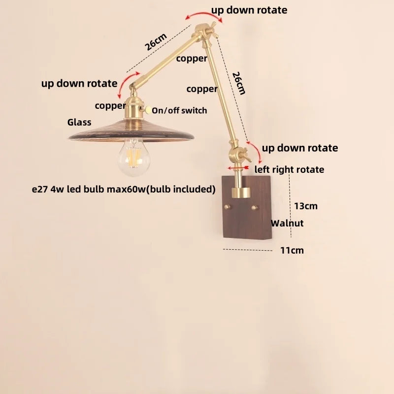 DecorBites™ Cube Glass LED Wall Sconce Walnut Wood 2 Arms Rotatable Mirror Light