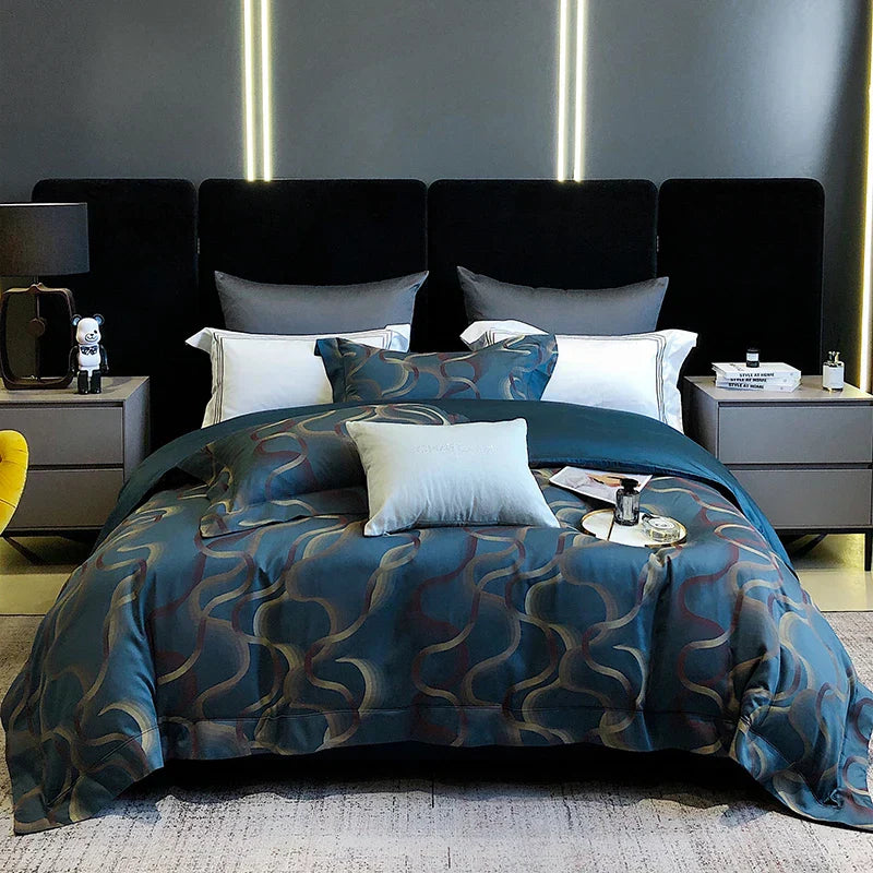 DecorBites™ 1200TC Egyptian Cotton Satin Jacquard Patchwork Bedding Set with Silky Finish