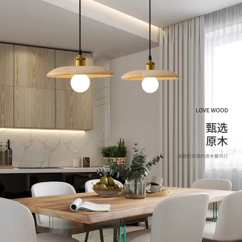 Solid Wood Pendant Light With Three-Color Dimming