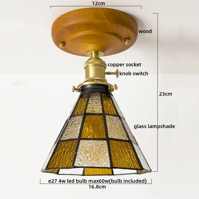 DecorBites™ مصباح سقف LED زجاجي أخضر، مصابيح سقف اسكندنافية من الخشب والنحاس