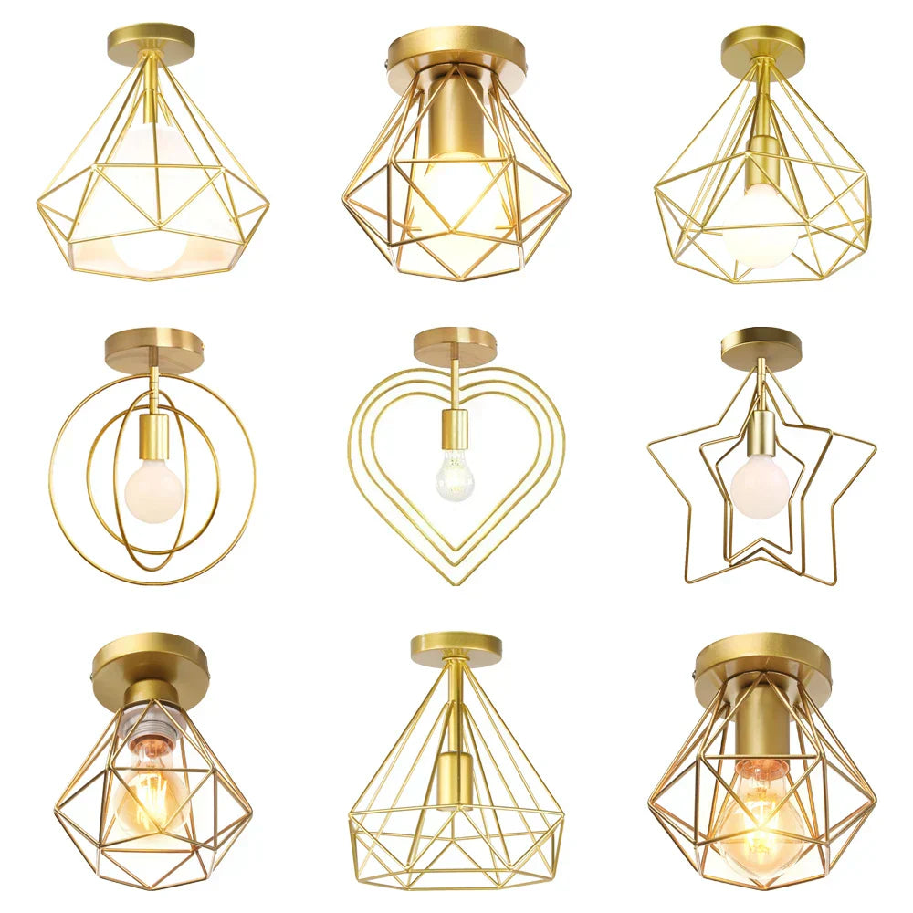 DecorBites™ Gold Iron Cage Ceiling Light مصباح سقف قفص حديدي ذهبي للديكور الاسكندنافي الحديث بتصميم عتيق E27