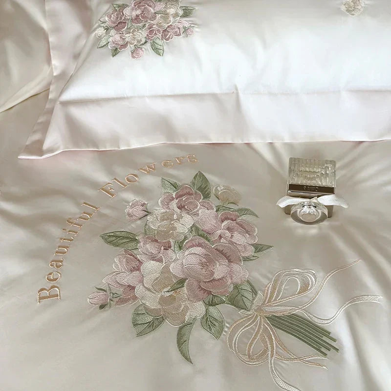 DecorBites™ Flowers Embroidery Lace Princess Bedding Set 1000TC Egyptian Cotton Duvet Cover Set
