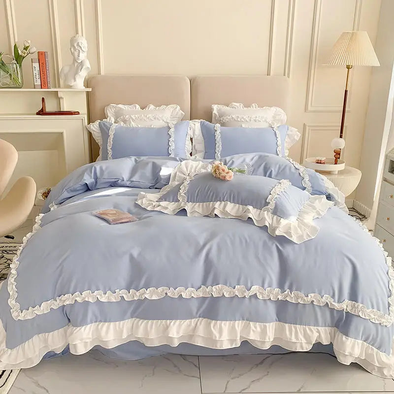 طقم سرير الأميرة الكورية لوليتا من 4 قطع من DecorBites™ من القطن المغسول السادة