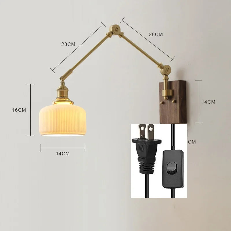 DecorBites™ Copper Swing Arm LED Wall Sconce Pull Chain Switch Rotate Walnut Canopy